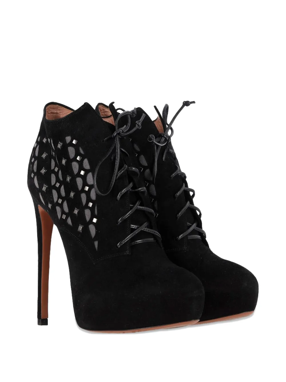 Ala&iuml;a Pre-Owned laser-cut lace-up platform booties - Zwart