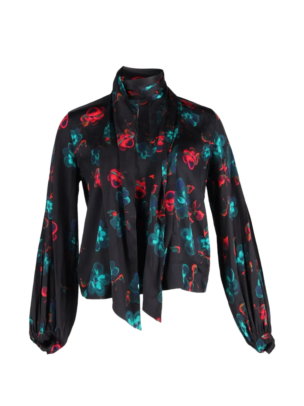 GANNI floral-print neck-tie blouse - Nero