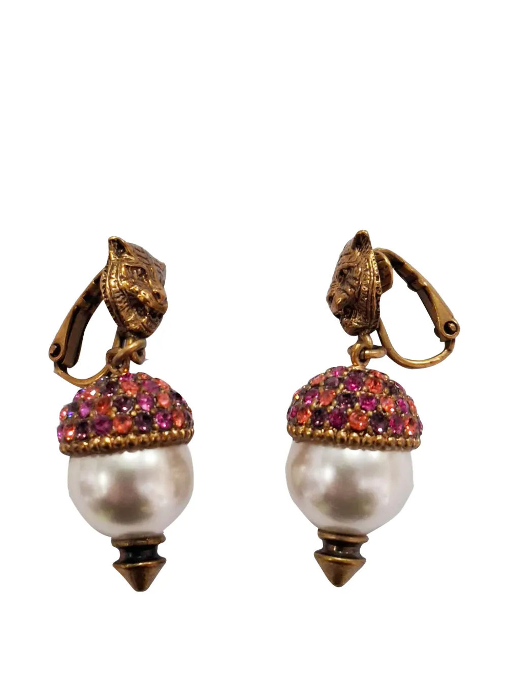 Gucci Pre-Owned crystal faux-pearl tiger earrings - Oro