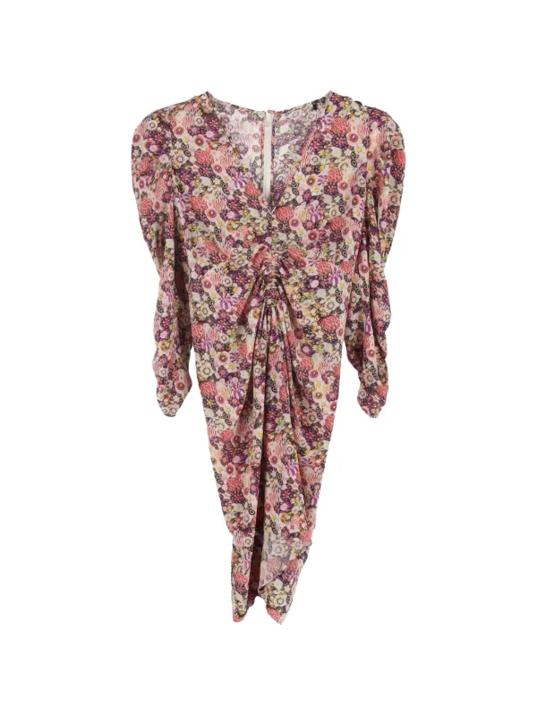 floral print ruched mini dress Lilac Floral Print Short Sleeve V Wire Ruched Mini Dress