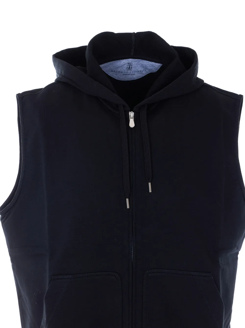 Brunello Cucinelli Techno katoenen badstof mouwloze sweater met rits en capuchon Blauw