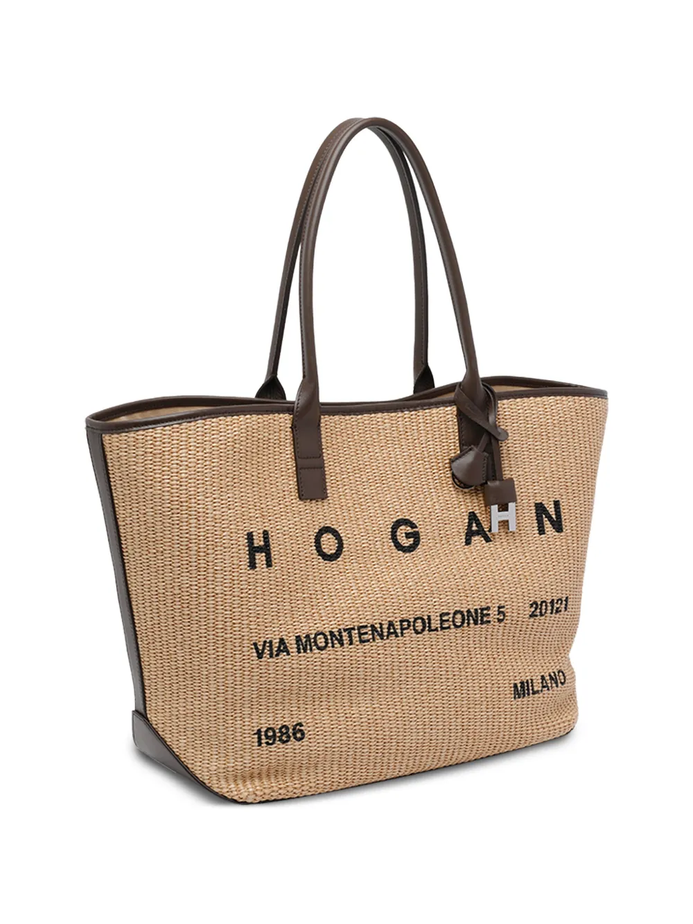 Hogan Address medium raffia shopper met logo Beige