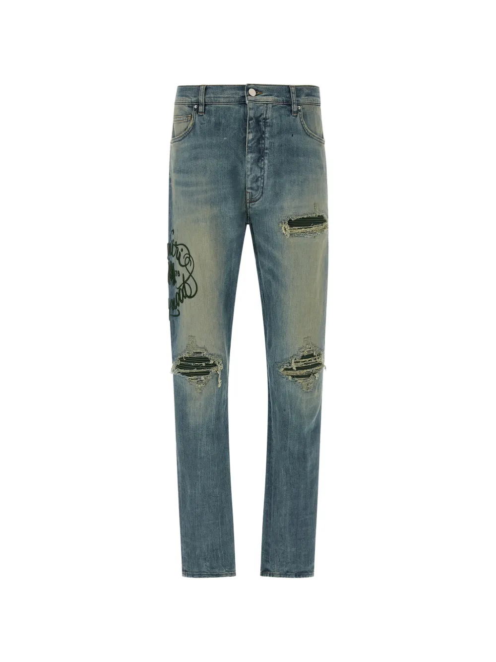 AMIRI Hollywood MX1 distressed embroidered straight-leg jeans - Blu