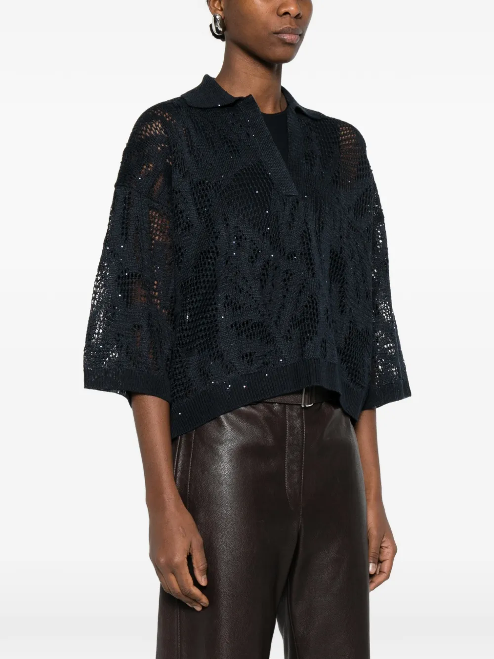  Brunello Cucinelli V-neck Open-knit Sweater - Blue 