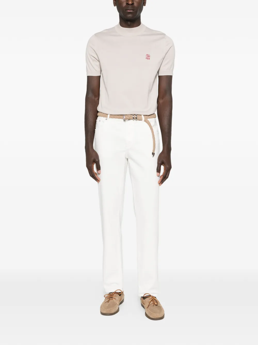 Brunello Cucinelli short sleeve embroidered knitted top - Beige