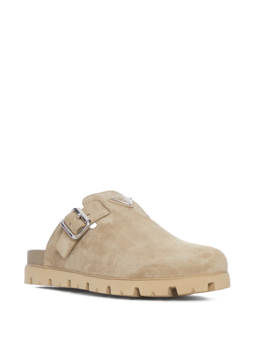 Prada logo buckle suede mules - Beige