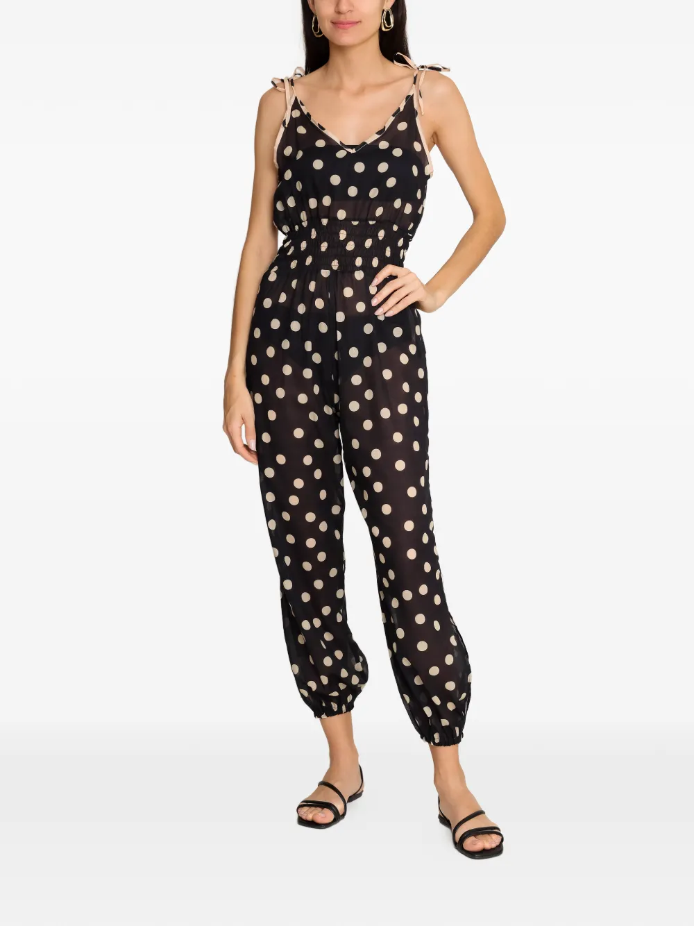  Brigitte Anne Polka-dot Tie-strap Jumpsuit - Black 