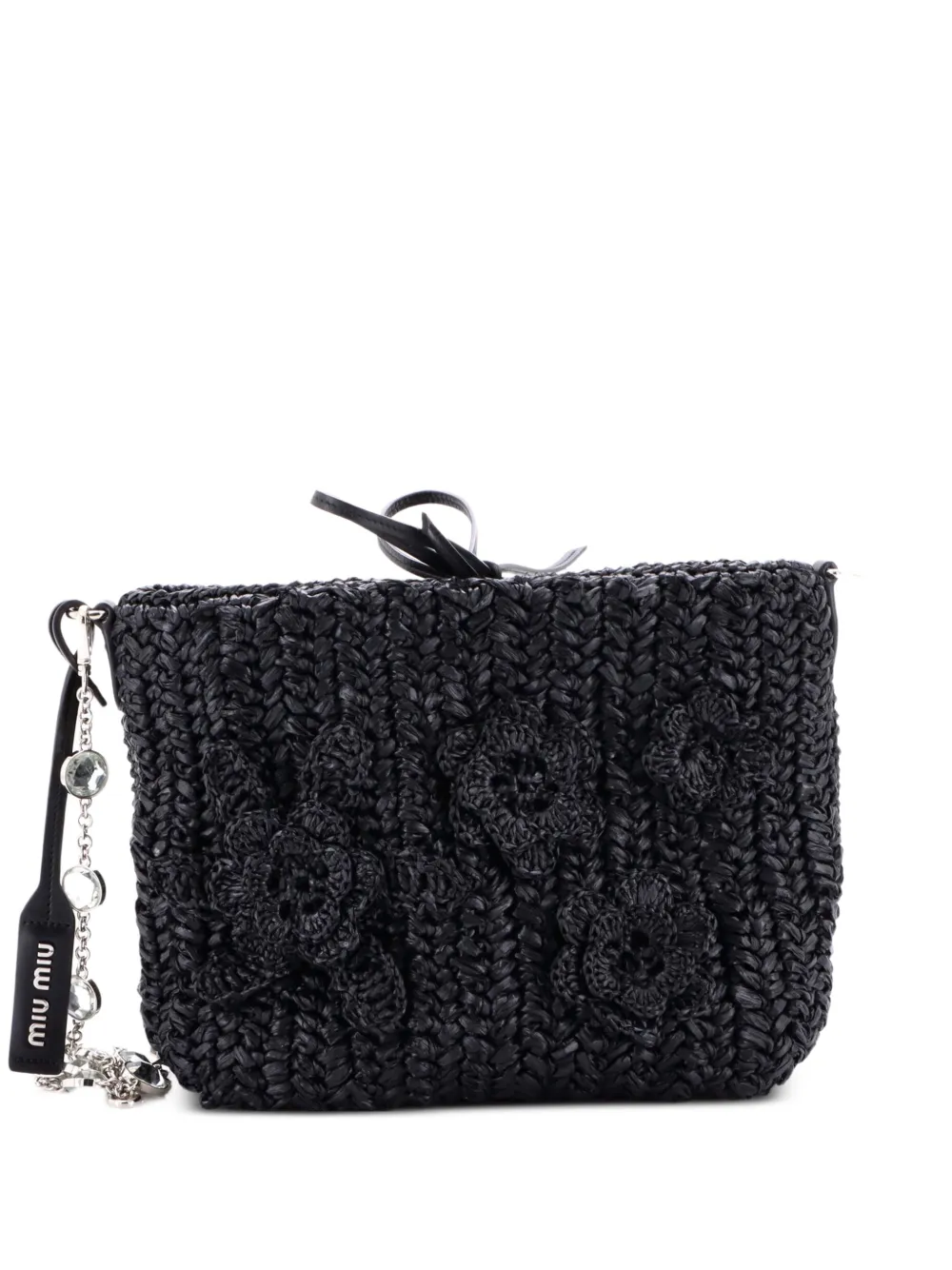 Miu Miu Pre-Owned Flower Crystal Chain Woven Raffia shoulder bag - Nero