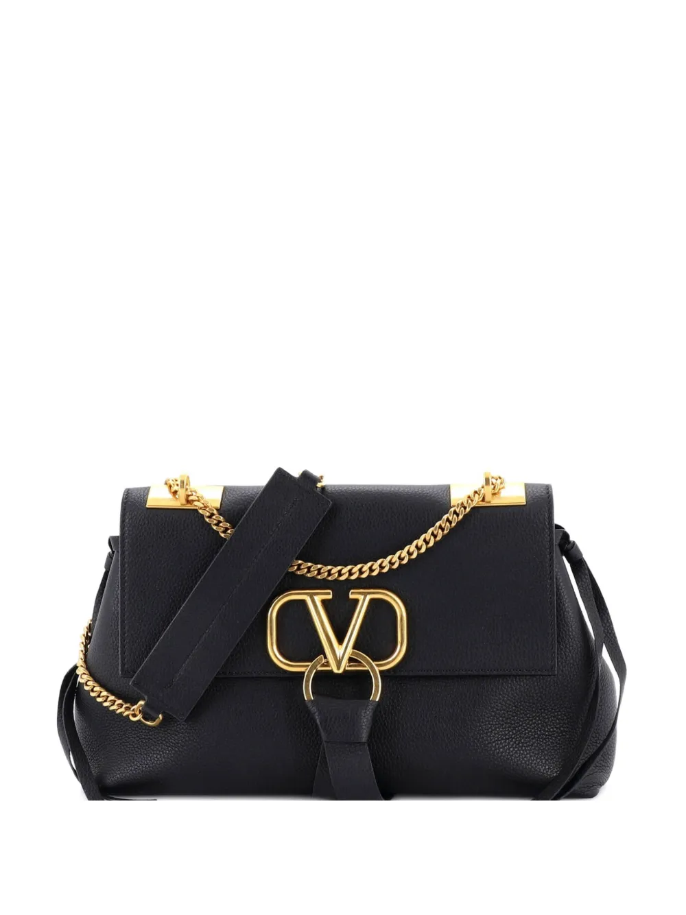 Pre-owned Valentino Garavani Vring Convertible Chain Leather Small Shoulder Bag In Black
