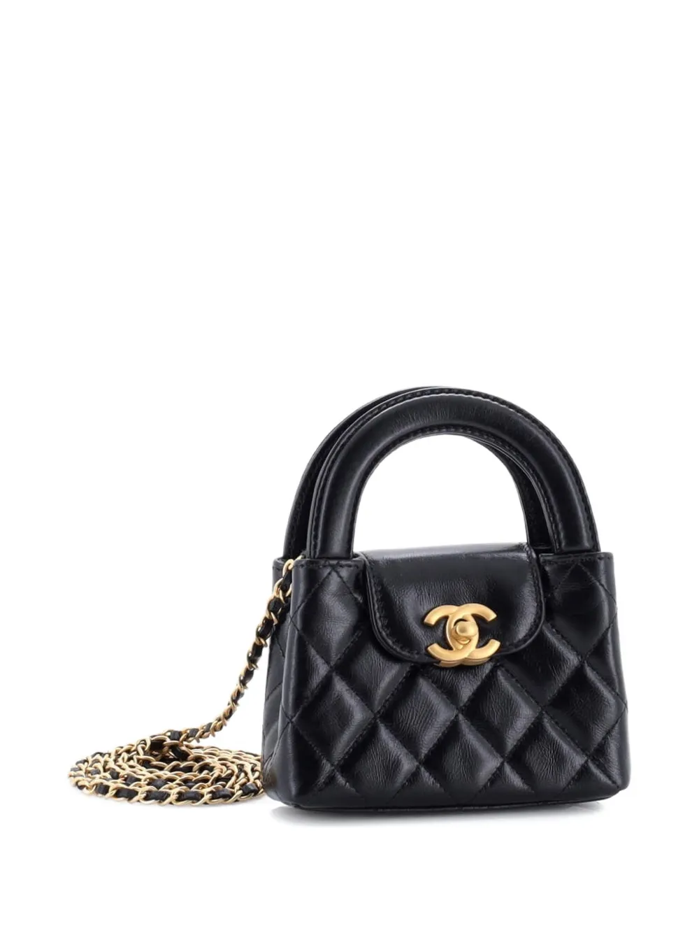  Chanel Pre-owned Kelly Top Handle Shopping Bag Quilted Shiny Aged Calfskin Nano Crossbody Bag - Negro 
