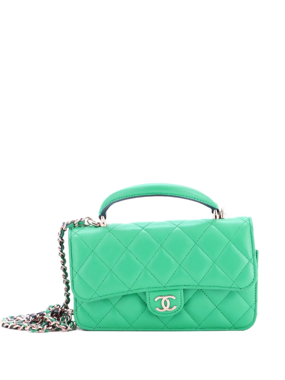 CHANEL Pre-Owned Classic Top Handle Flap Phone Holder with Chain Quilted Lambskin crossbody bag - Verde