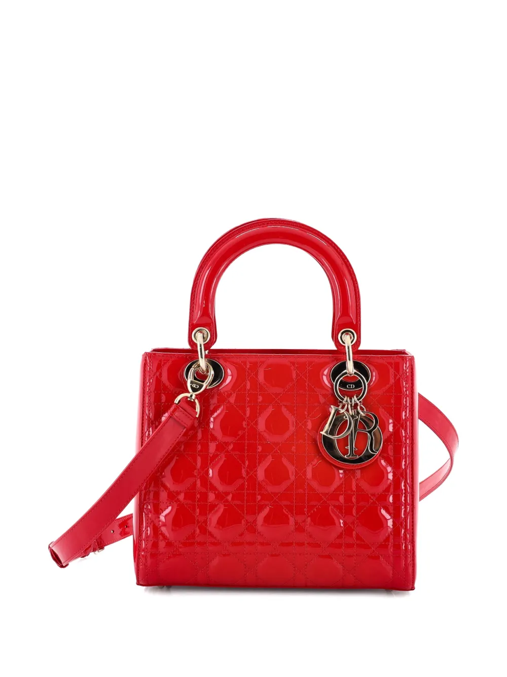 Christian Dior Pre-Owned Lady Dior Bag Cannage Quilt Patent Medium satchel - Rosso