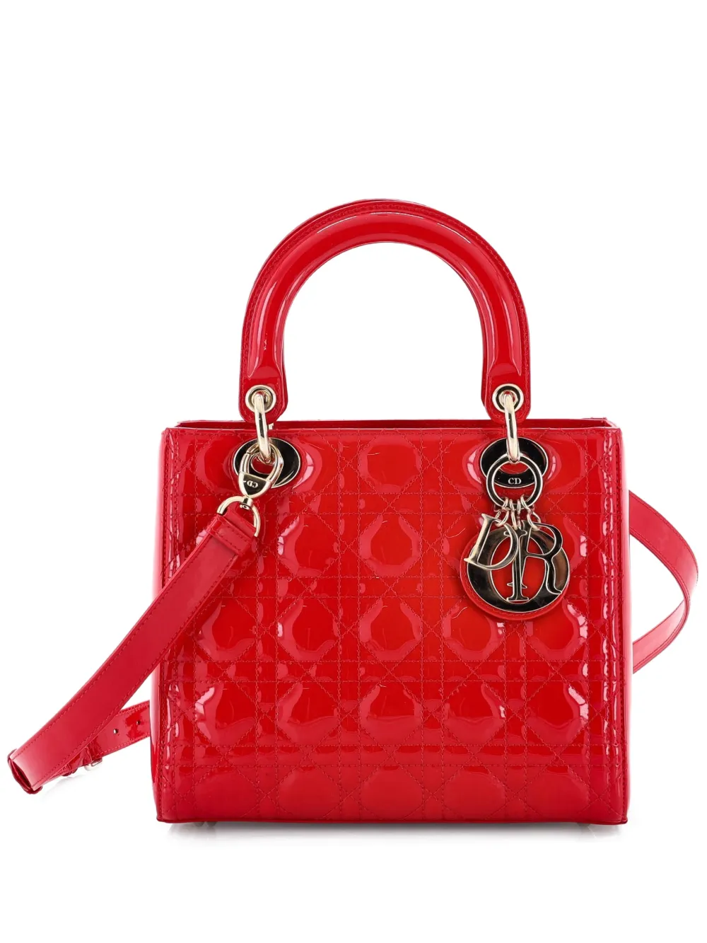 Christian Dior Pre-Owned Lady Dior Bag Cannage Quilt Patent Medium satchel - Rosso