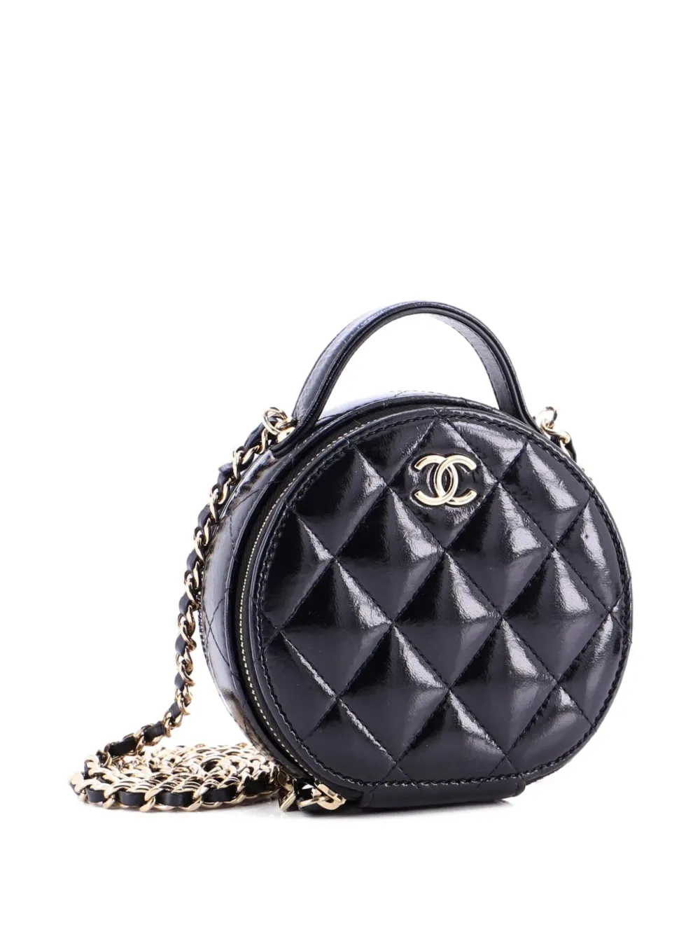  Chanel Pre-owned Handle With Care Round Vanity Case With Chain Quilted Lambskin Small Crossbody Bag - Negro 
