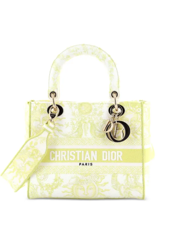 Dior Pre-owned Lady D-lite Bag Embroidered Canvas Medium Satchel in Yellow