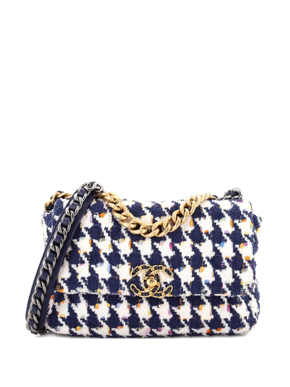 CHANEL Pre-Owned 19 Flap Bag Quilted Houndstooth Tweed and Ribbon Medium shoulder bag - Blu