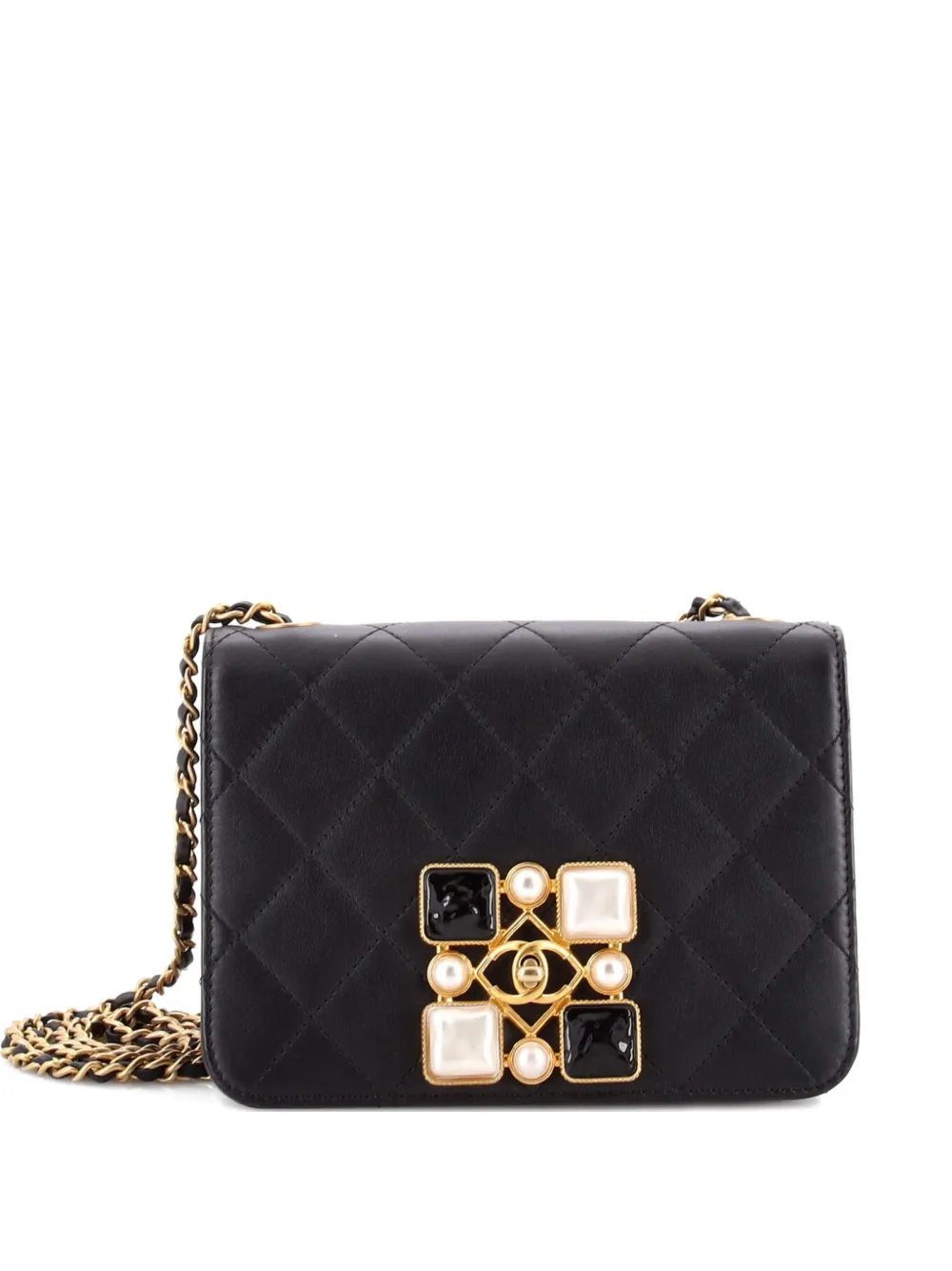 CHANEL Pre-Owned Borsa a tracolla CC piccola in pelle di vitello trapuntata con battente e dettaglio in resina con perle - Nero