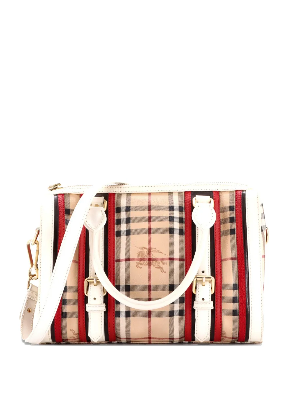 Burberry Pre-Owned Color Block Alchester Bowling Bag Haymarket Coated Canvas and Leather Medium satchel - Bianco