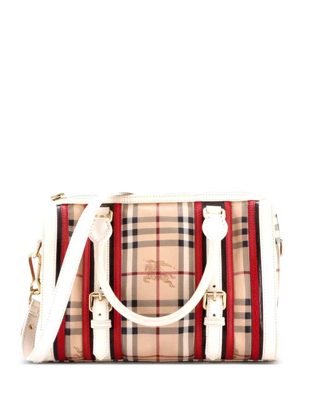 Burberry Pre-Owned Color Block Alchester Bowling Bag Haymarket Coated Canvas and Leather Medium satchel - Bianco