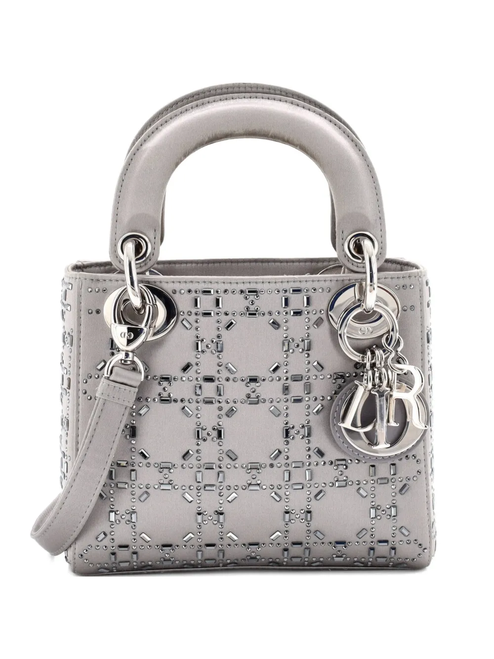 Christian Dior Pre-Owned Lady Dior Bag Crystal Embellished Cannage Quilt Satin Mini satchel - Grigio
