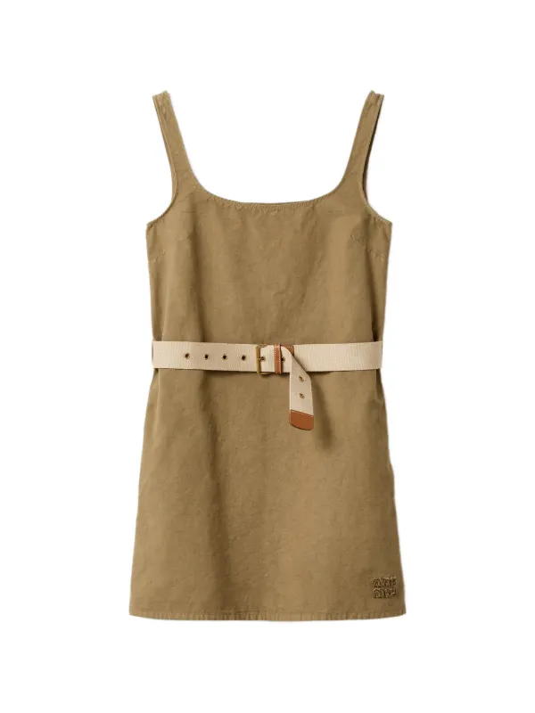 Miu Miu Gabardine Mini Dress With Logo Detail - Brown