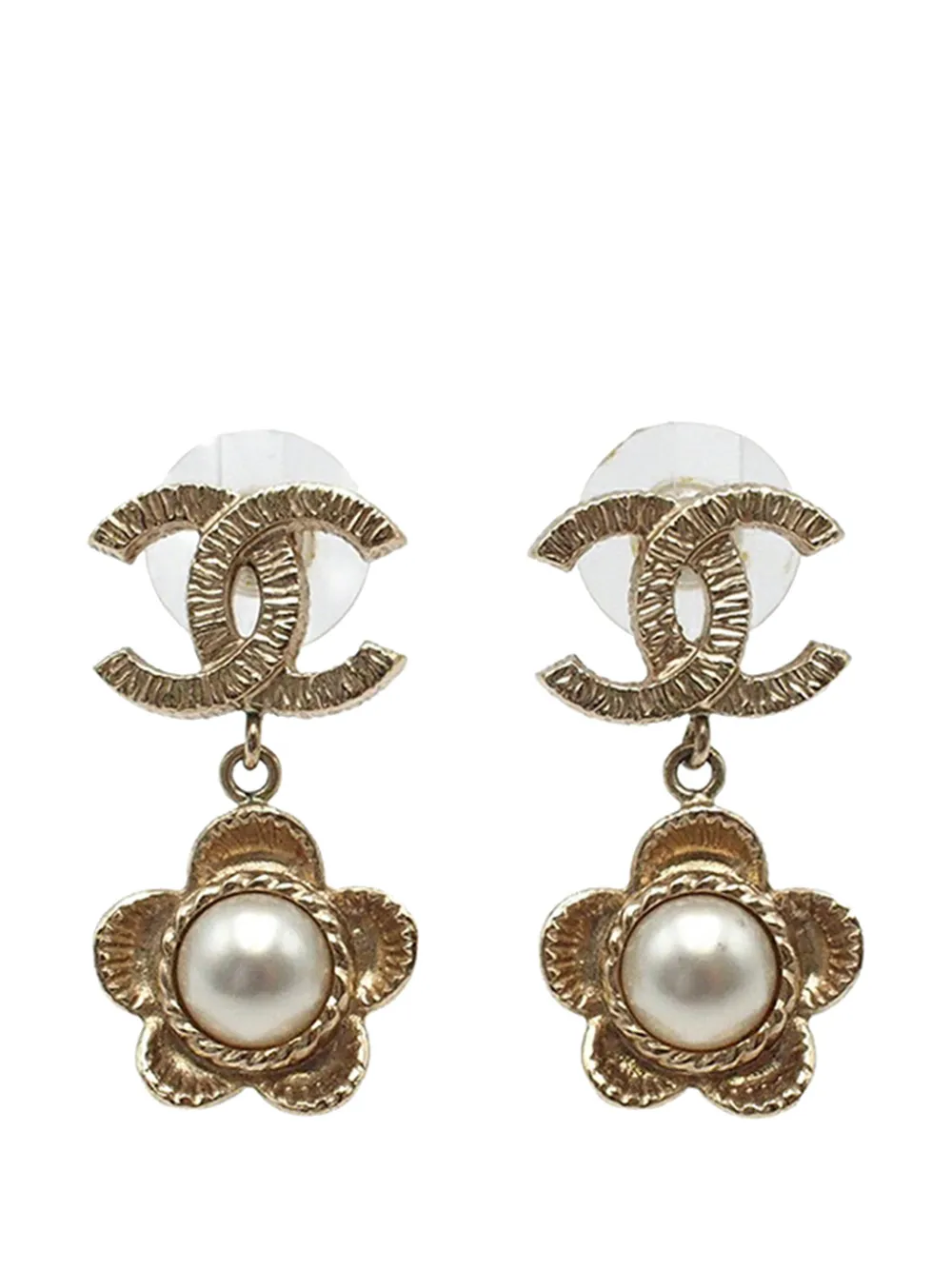 CHANEL Pre-Owned 2016 CC Gold Plated Faux Pearl Flower Drop Push Back Earrings costume earrings - Oro