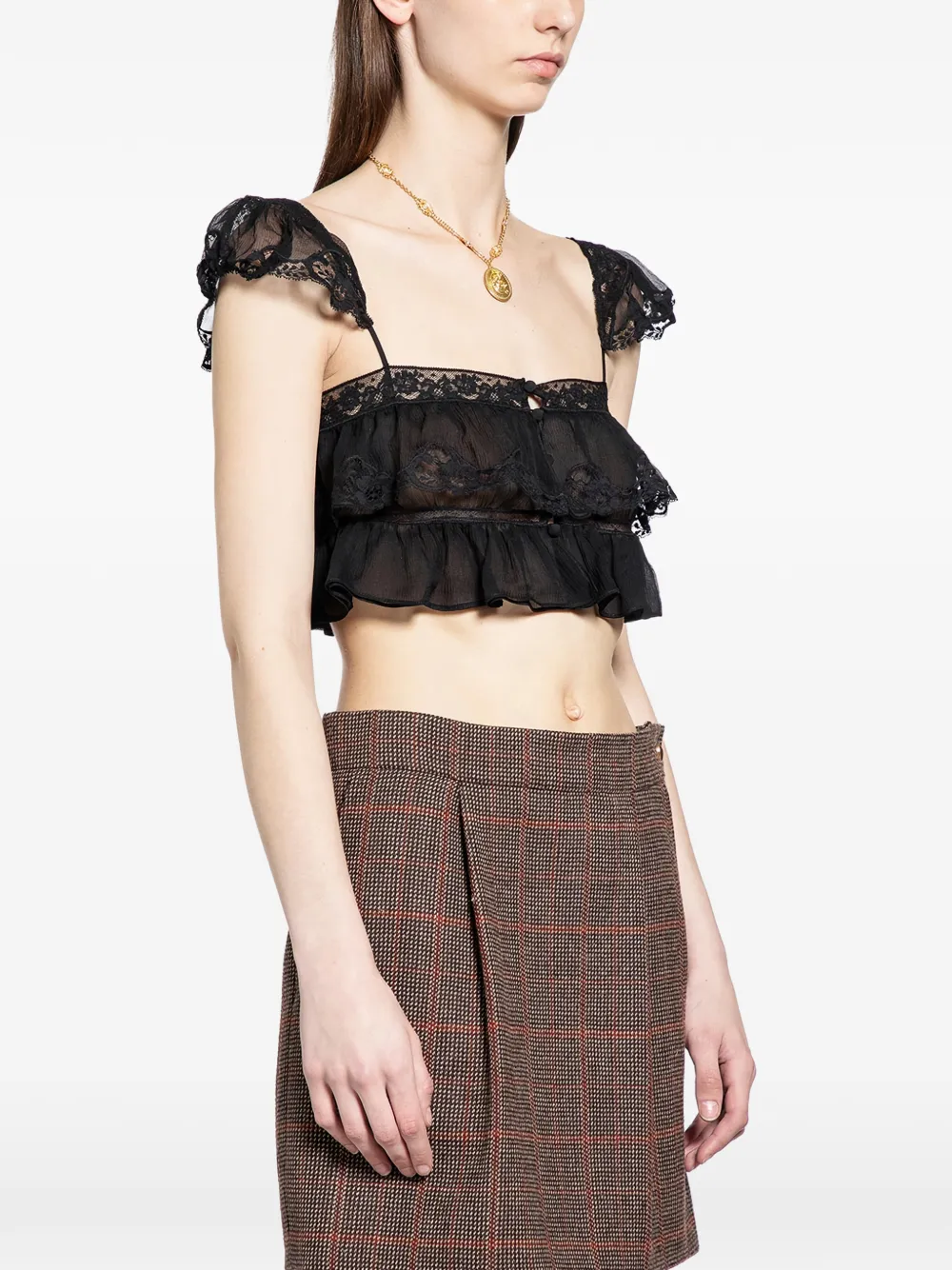 Chlo&eacute; lace ruffled crop top - Zwart
