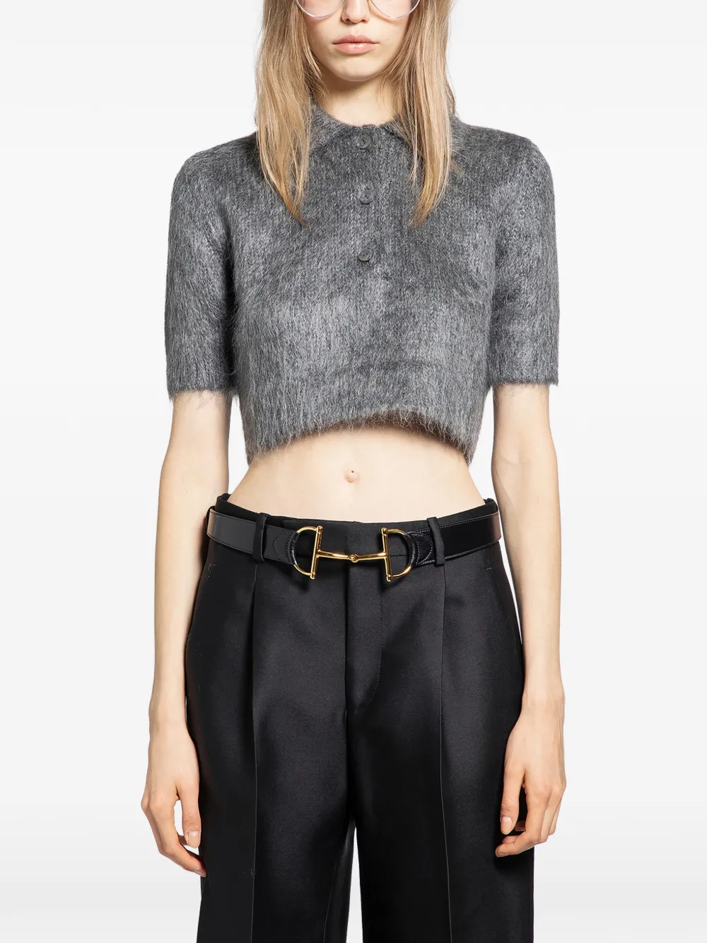 Gucci Cropped-Poloshirt aus gebürstetem Mohair - Grau