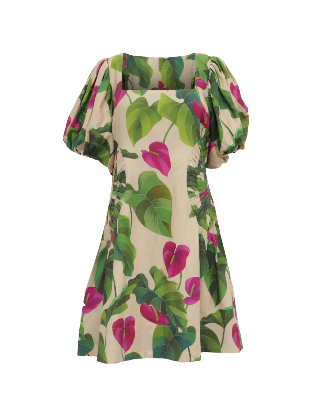 FARM Rio tropical-print puffed sleeve mini dress - Beige