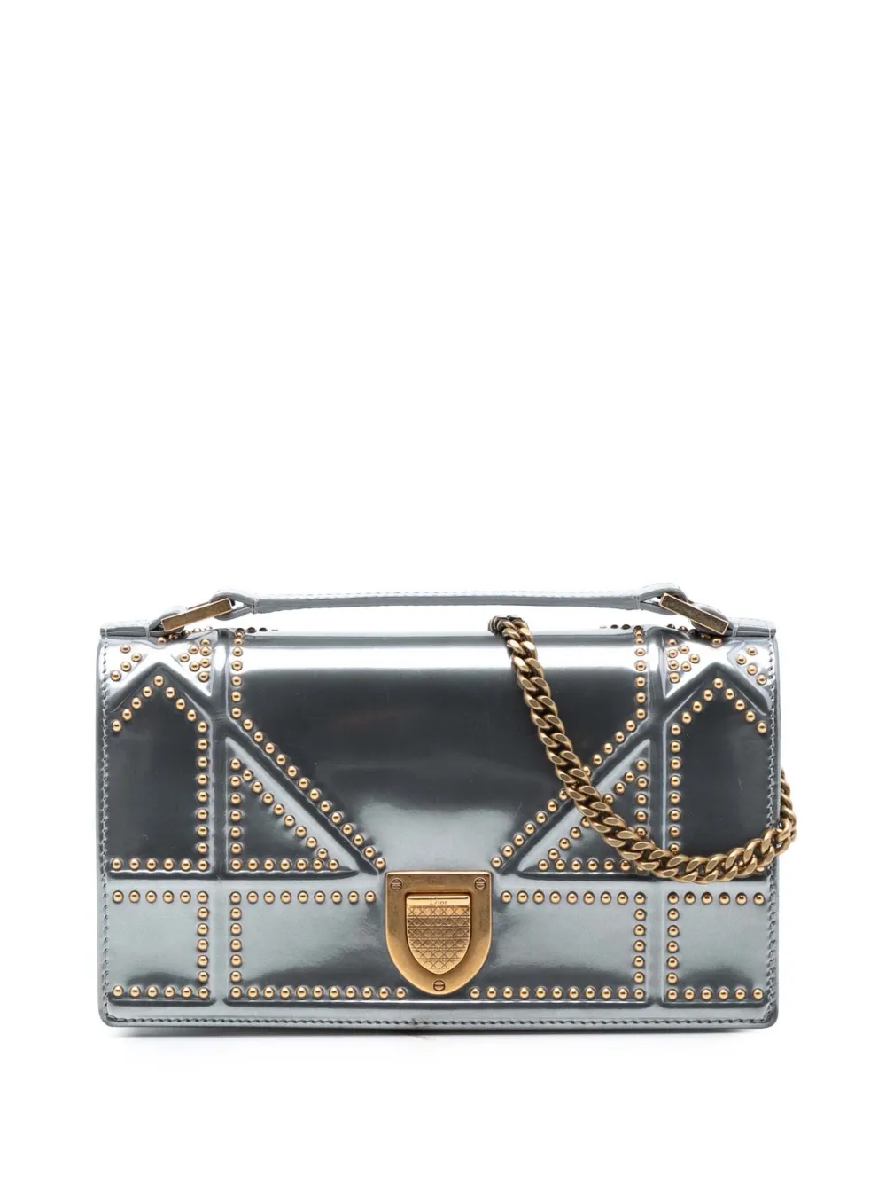 Christian Dior Pre-Owned 2018 Studded Patent Diorama Top Handle Wallet on Chain satchel - Argento