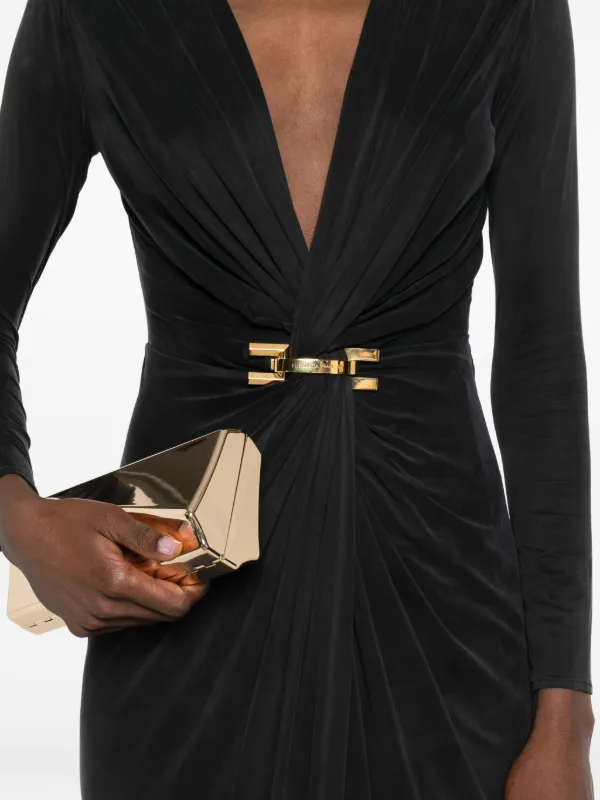 black dress with neck Weslyn Black Satin Lace High Slit Dress main image 0