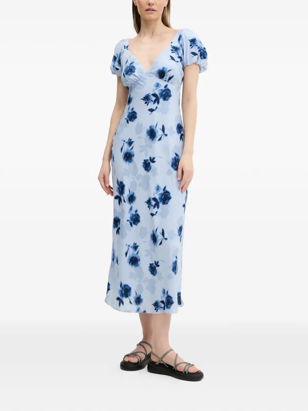 Abercrombie & Fitch floral-print puff-sleeve midi dress - Blauw
