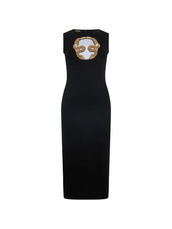 roberto cavalli midi dress Roberto Cavalli Plunge V-Neck Midi Dress w/ Leopard Detail