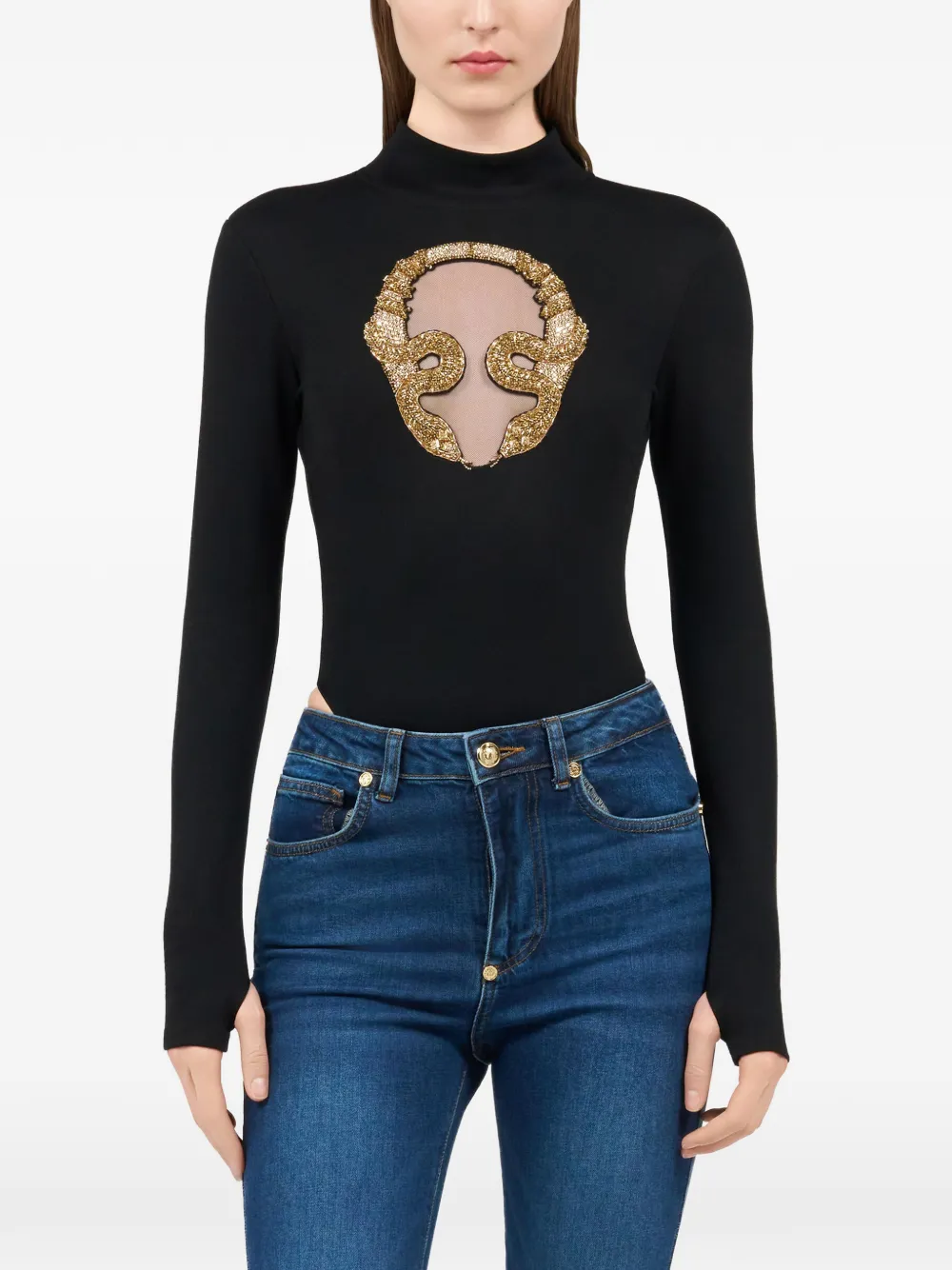  Roberto Cavalli Embroidered Long-sleeve Top - Black 