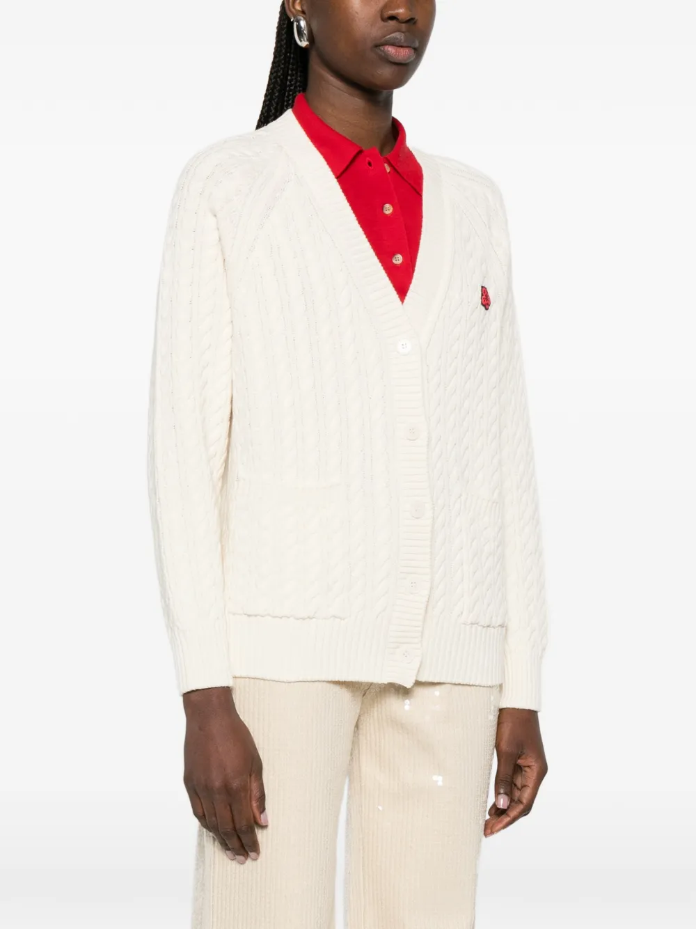  Kenzo V-neck Flower-embroidered Cardigan - Neutrals 