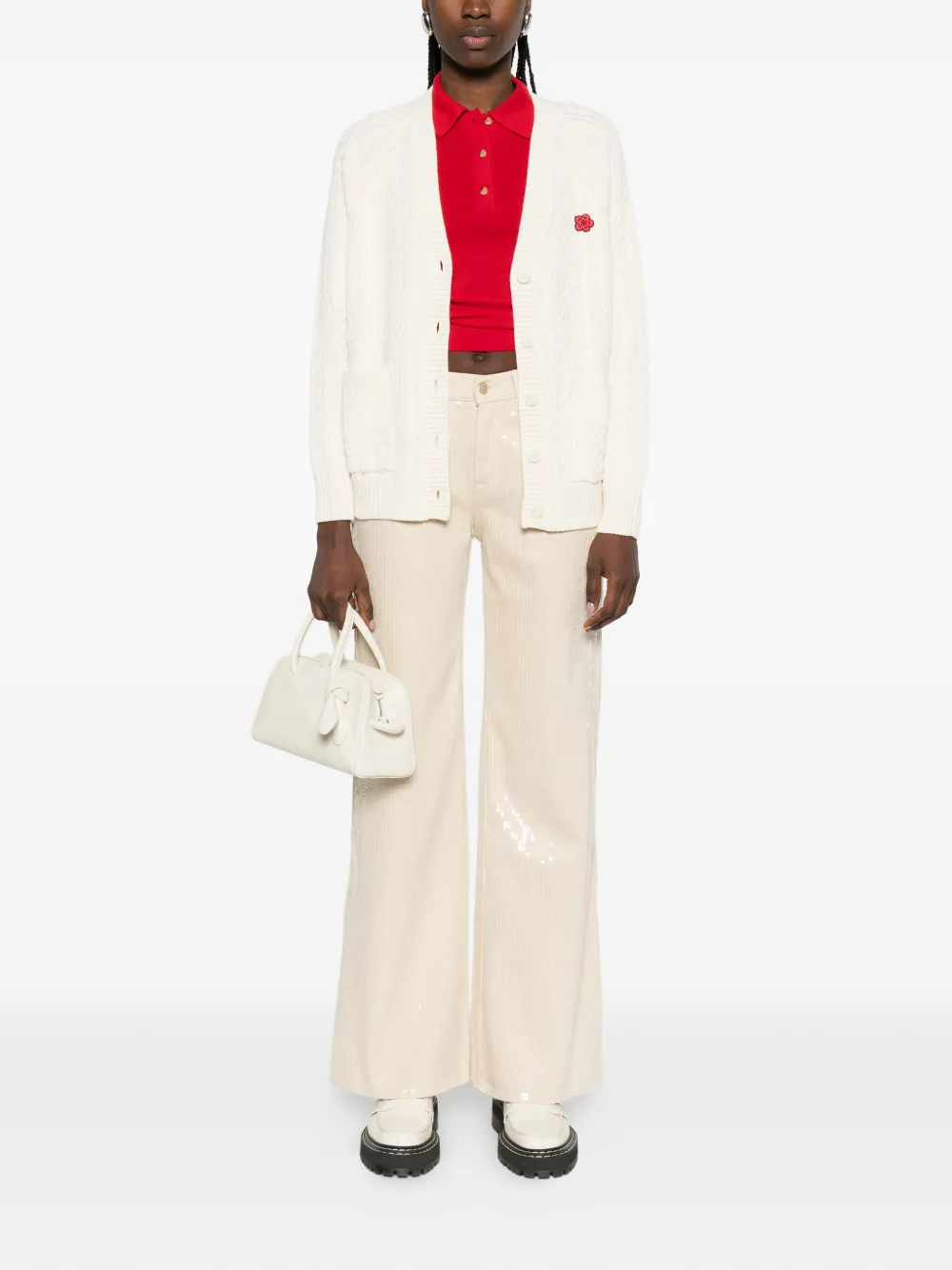  Kenzo V-neck Flower-embroidered Cardigan - Neutrals 