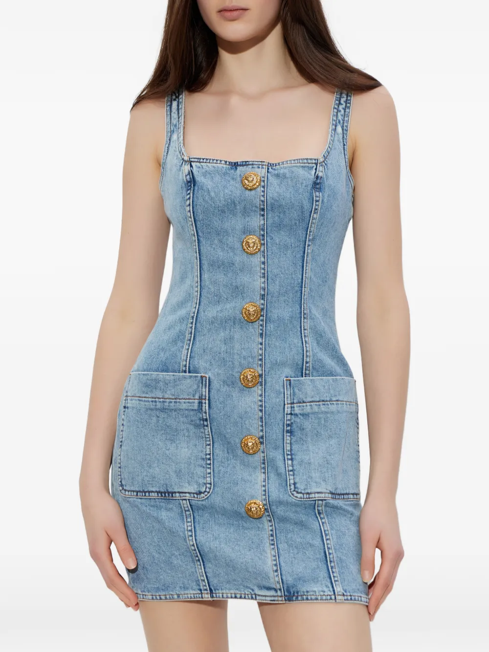  Balmain Button Front Denim Dress - Blue 
