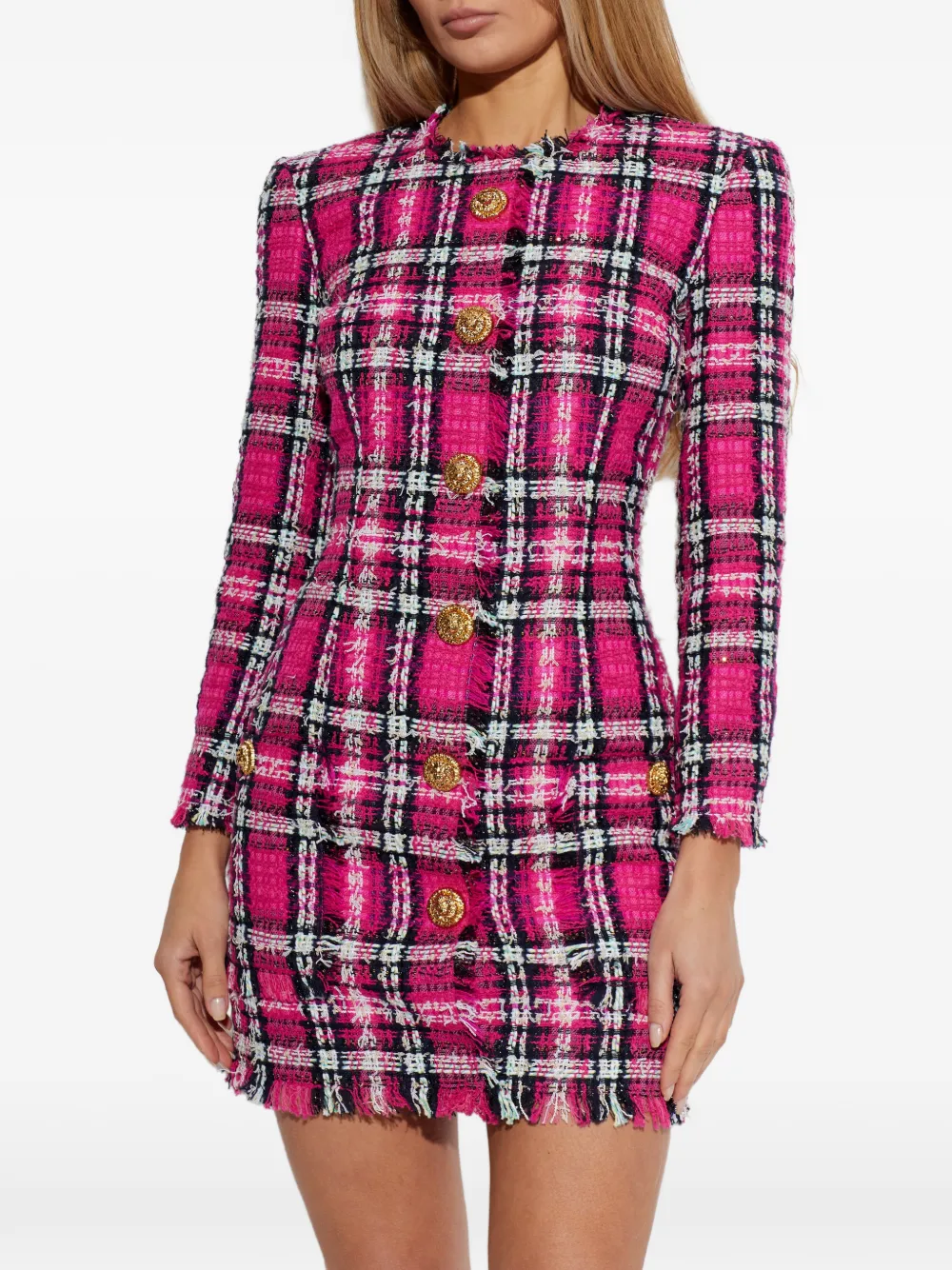  Balmain Frayed Button Plaid Dress - Pink 