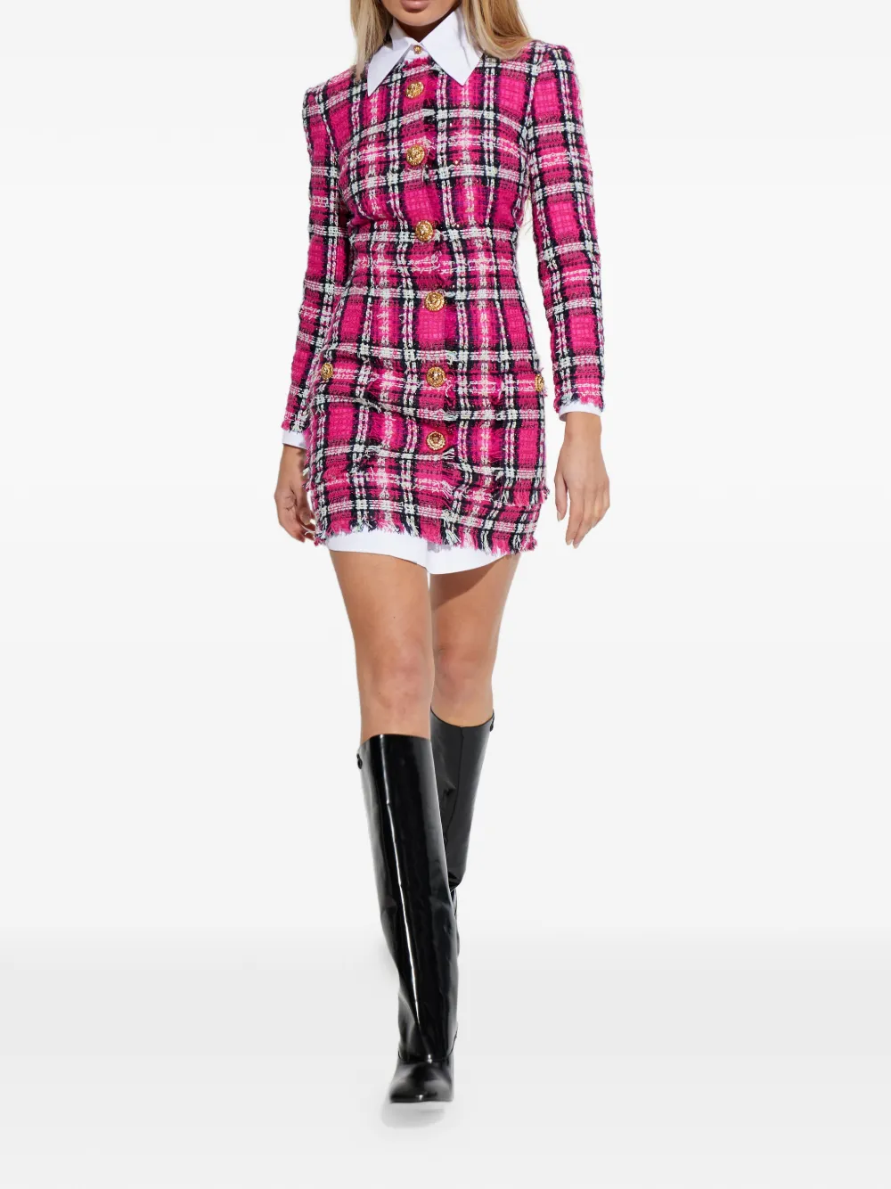  Balmain Frayed Button Plaid Dress - Pink 