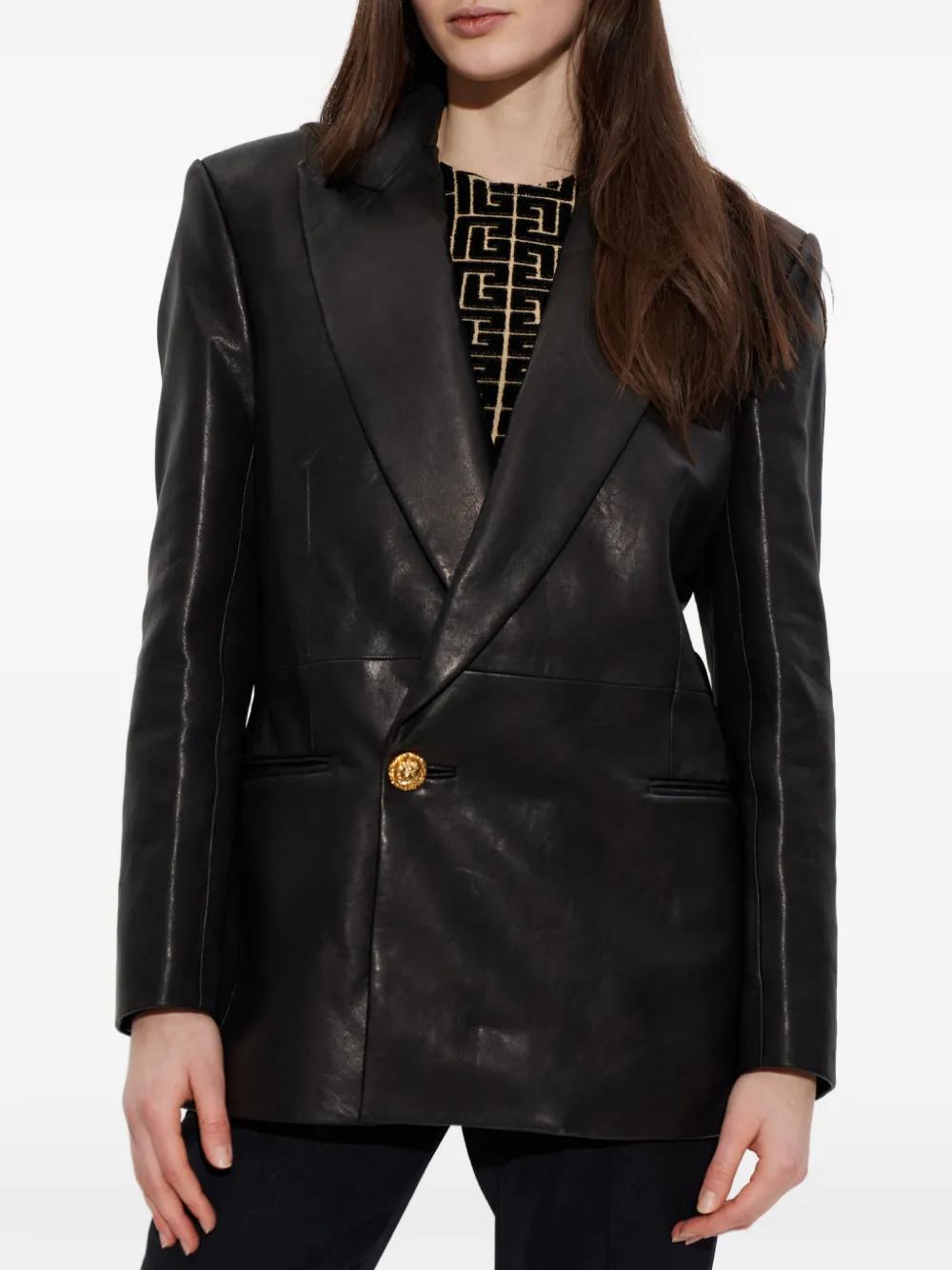  Balmain Lion-button Leather Jacket - Black 