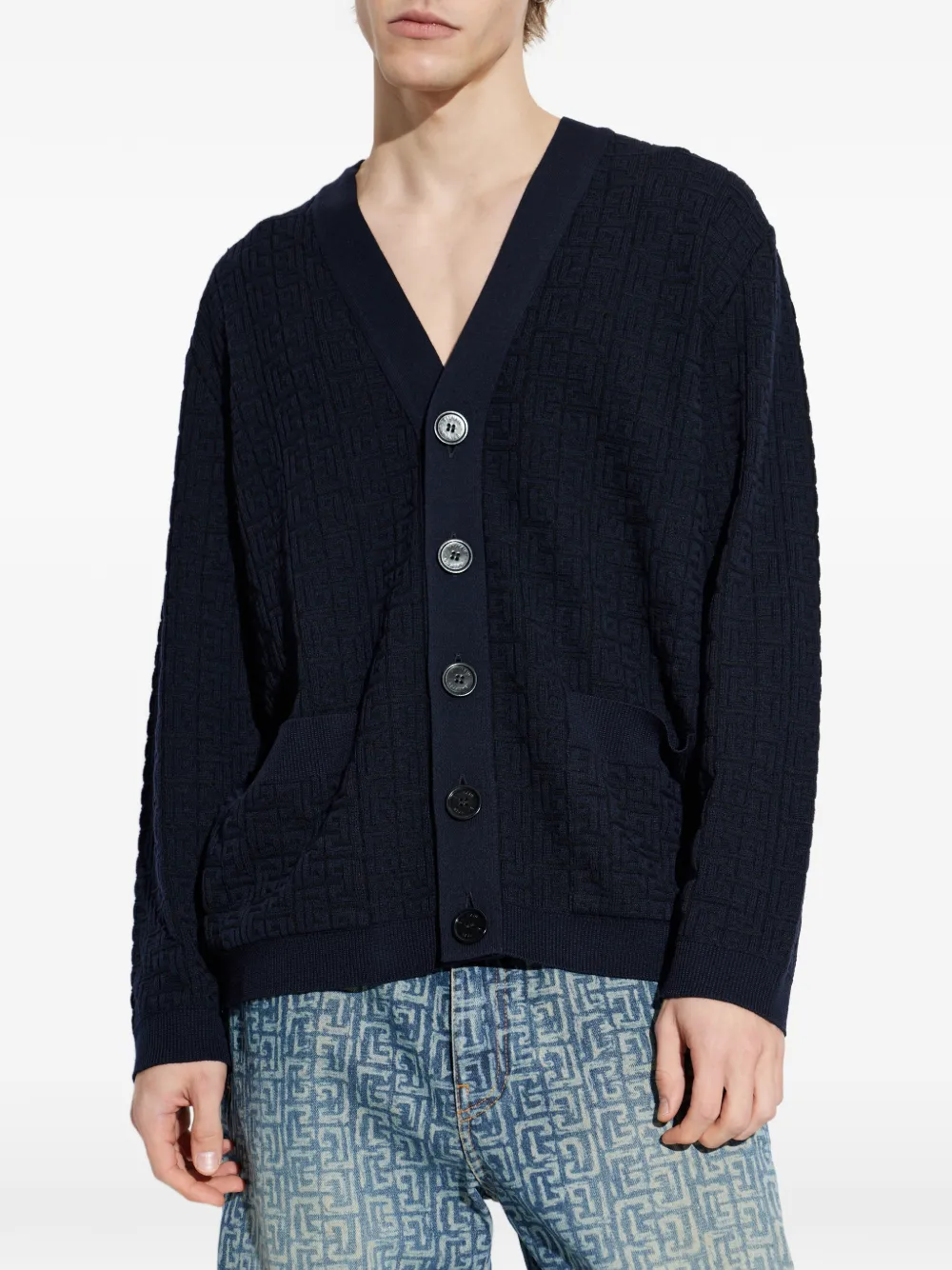  Balmain Jacquard V-neck Cardigan - Blue 
