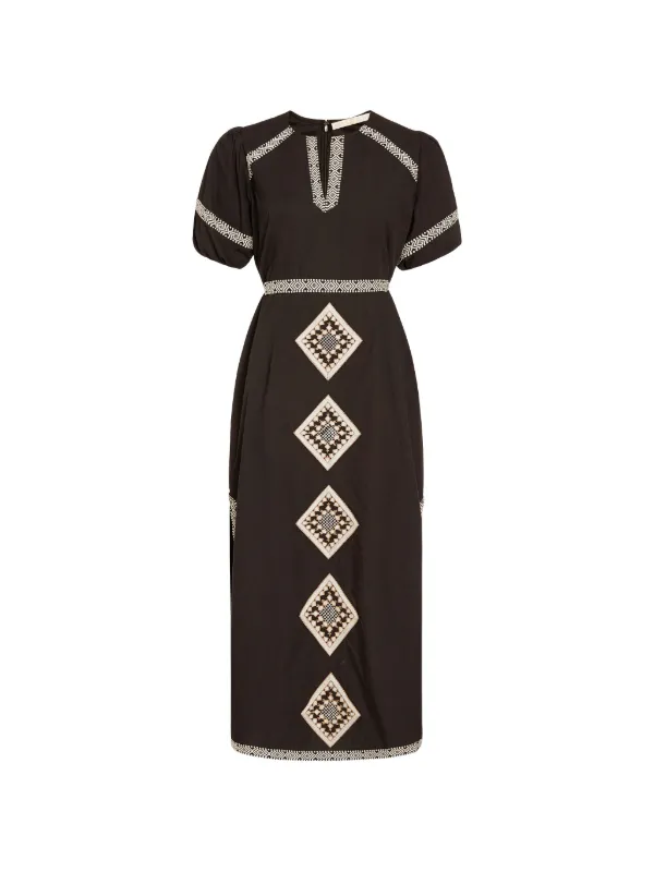 Marie Oliver Embroidered V-neck Midi Dress | Black | FARFETCH