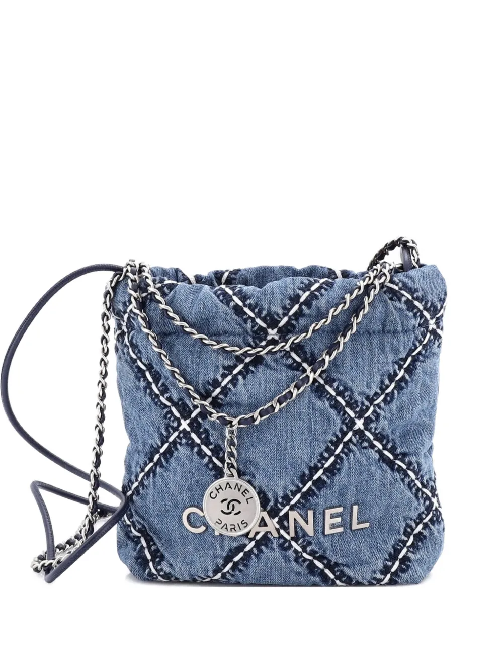 CHANEL Pre-Owned Borsa passepartout 22 mini in denim trapuntato con catena - Blu