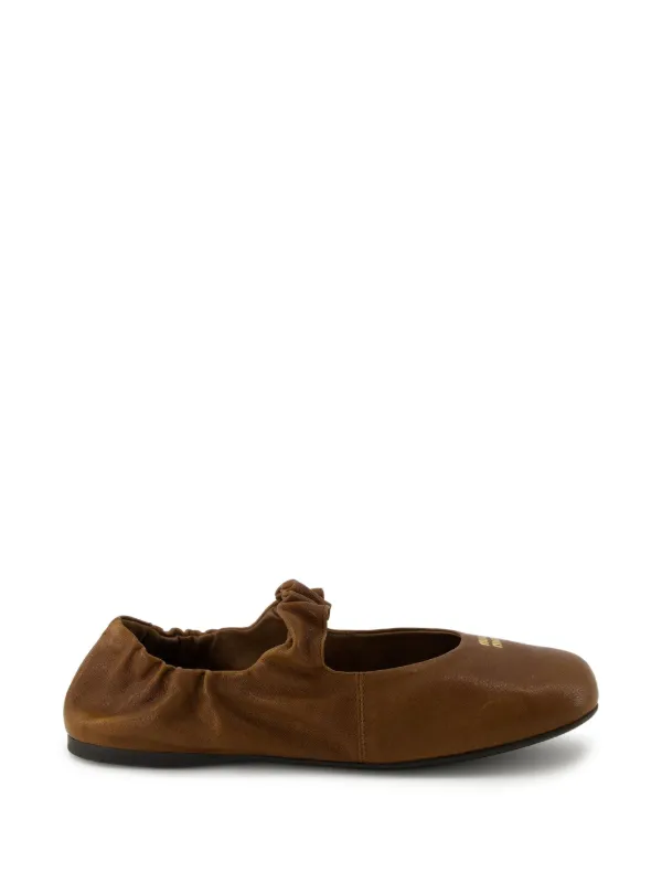 Miu Miu Ruched Leather Ballet Flats in Brown