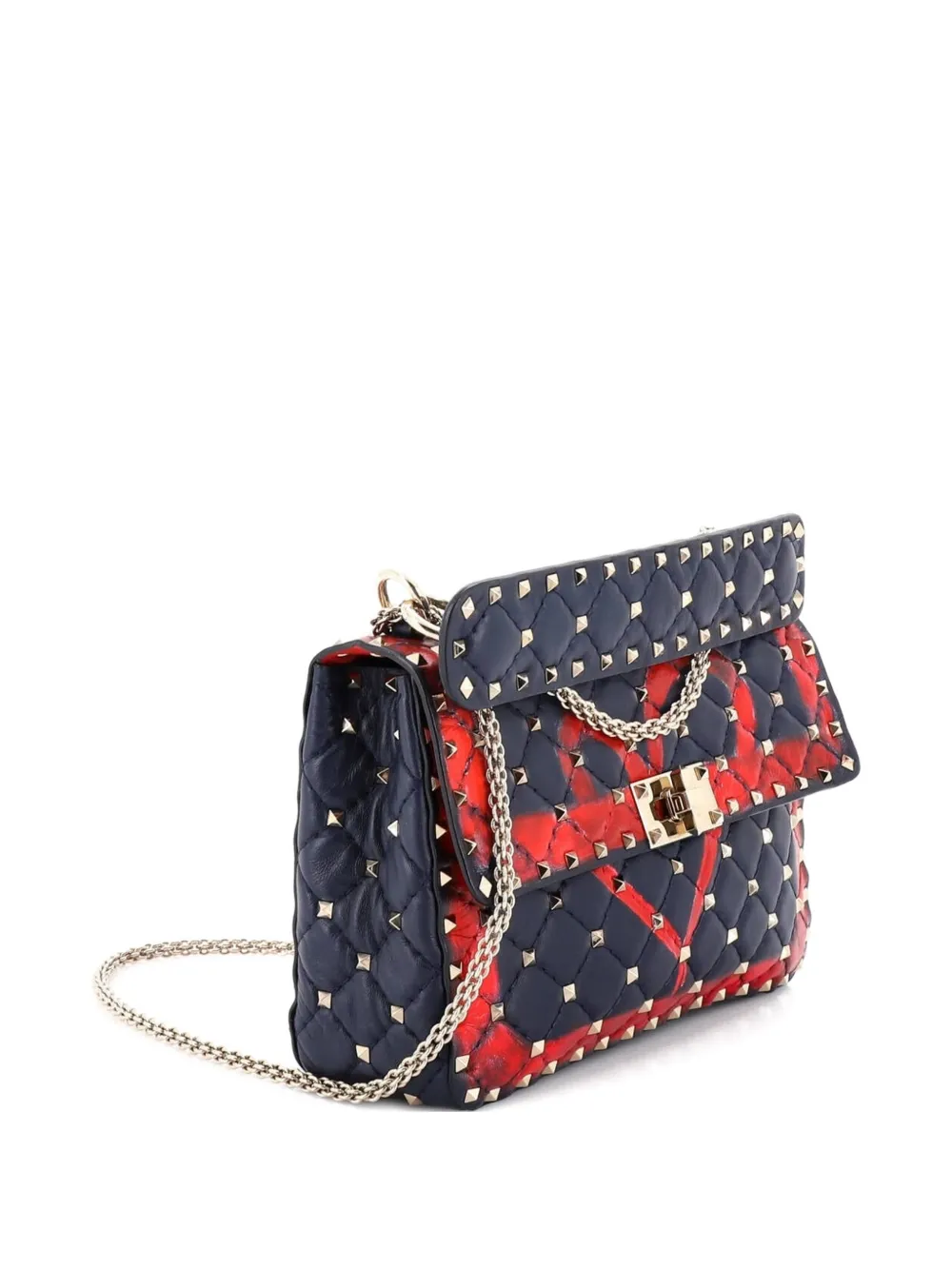  Valentino Garavani Pre-owned Rockstud Spike Flap Bag Quilted Printed Leather Medium Crossbody Bag - Blue 