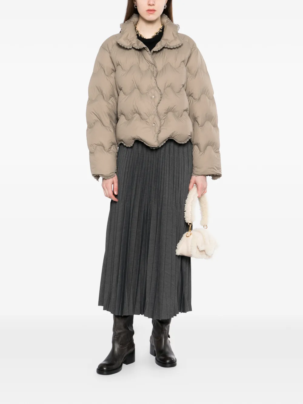  Jnby Wave-quilted Lace-trim Jacket - Neutrals 