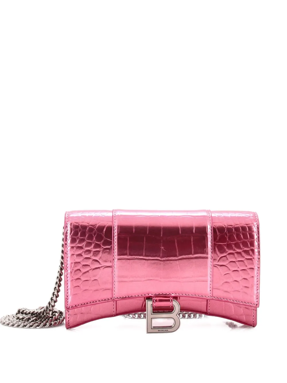 Pre-owned Balenciaga Hourglass Chain Wallet Crocodile Embossed Leather Clutch Bag In Silver