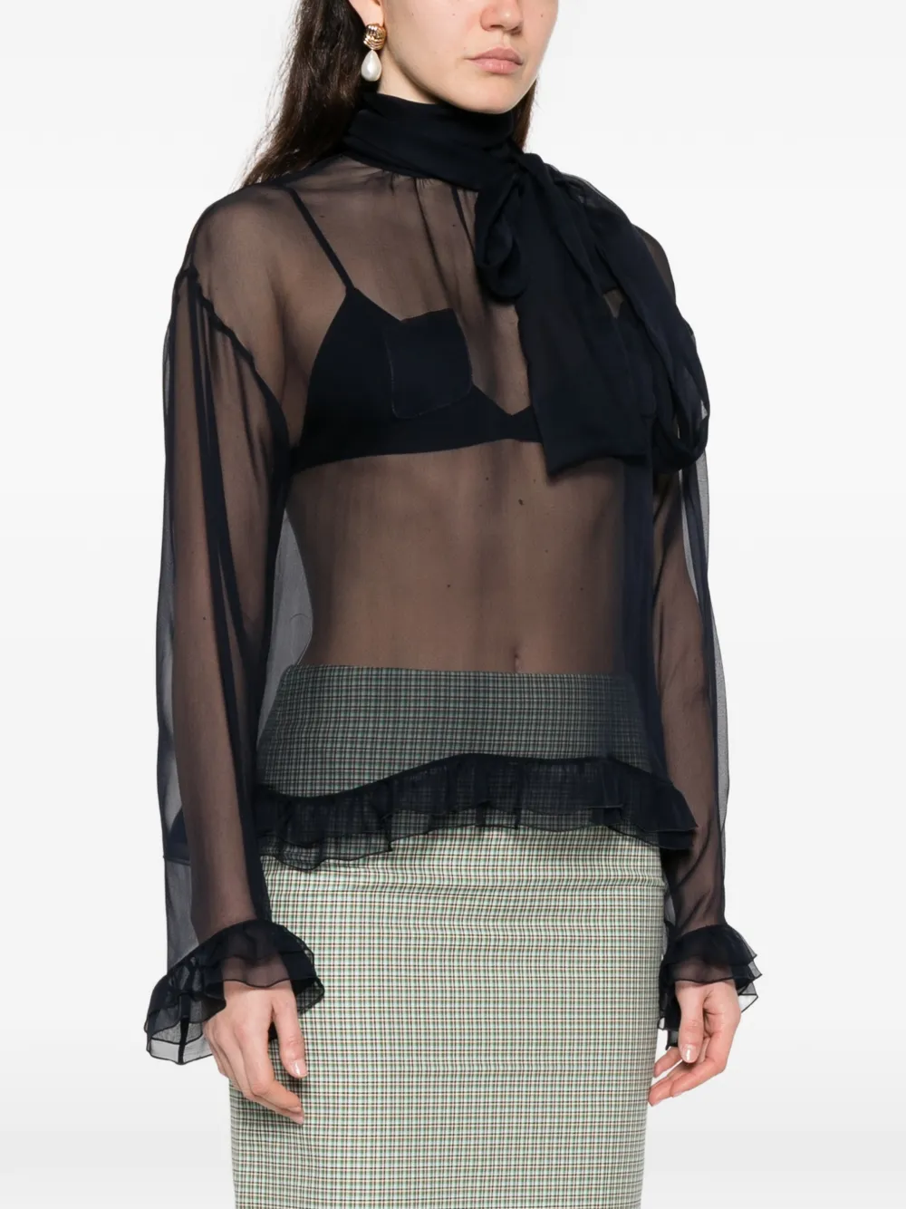  Nº21 Ruffled-hem Pocket-detail Blouse - Blue 