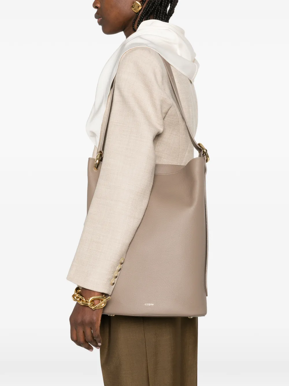 JOSEPH Fold leren bucket-tas Beige
