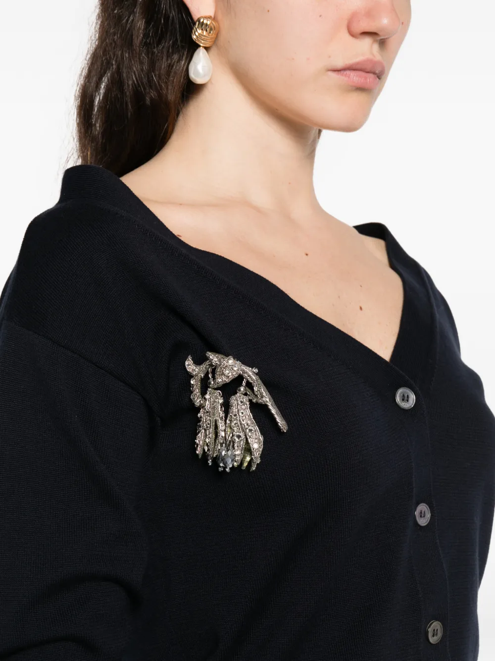 Brooch-Detail Round-Neck Cardigan